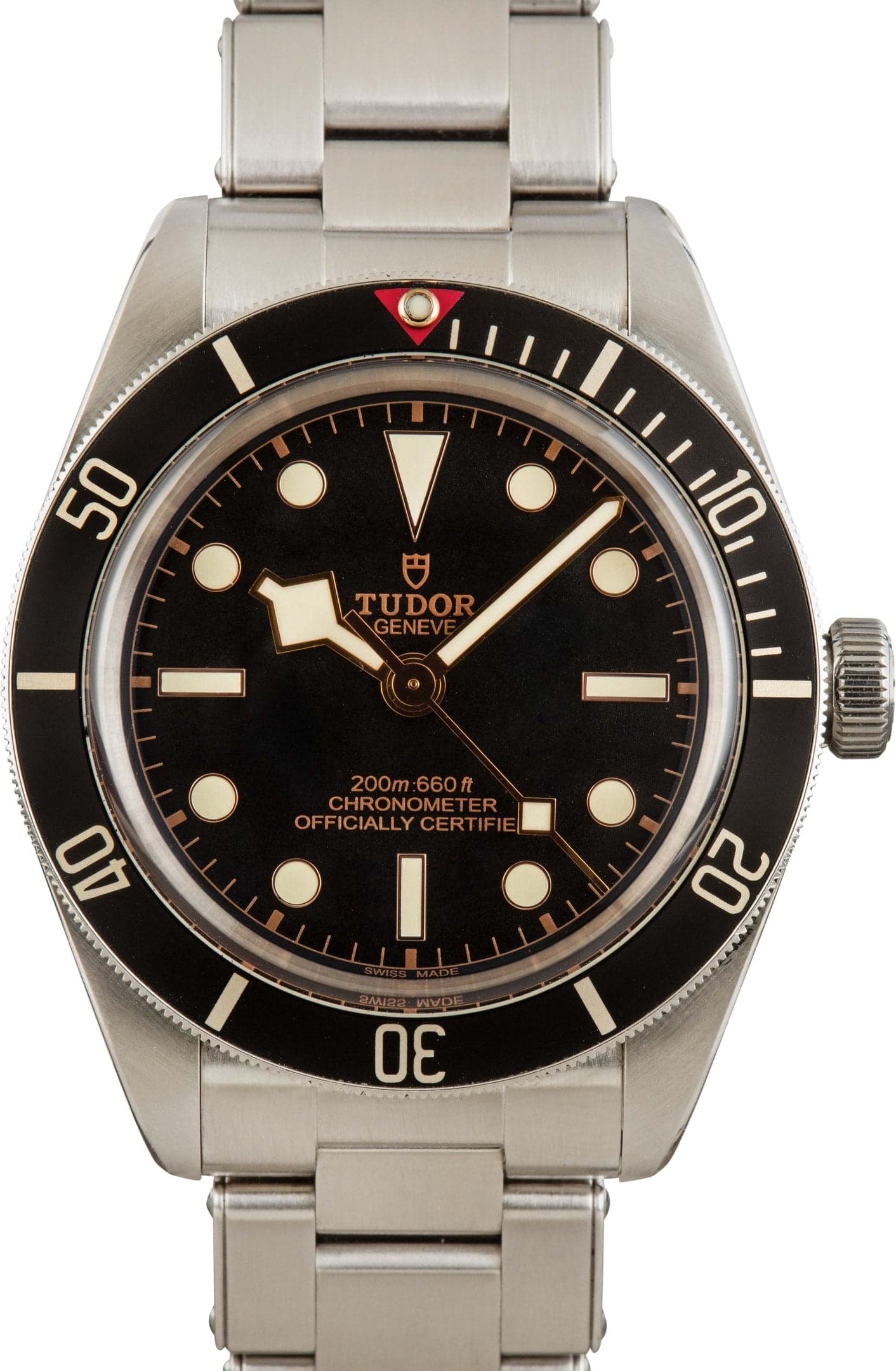 Tudor Black Bay Fifty-Eight reference M79030N with black dial, gilt accents, and steel bracelet.