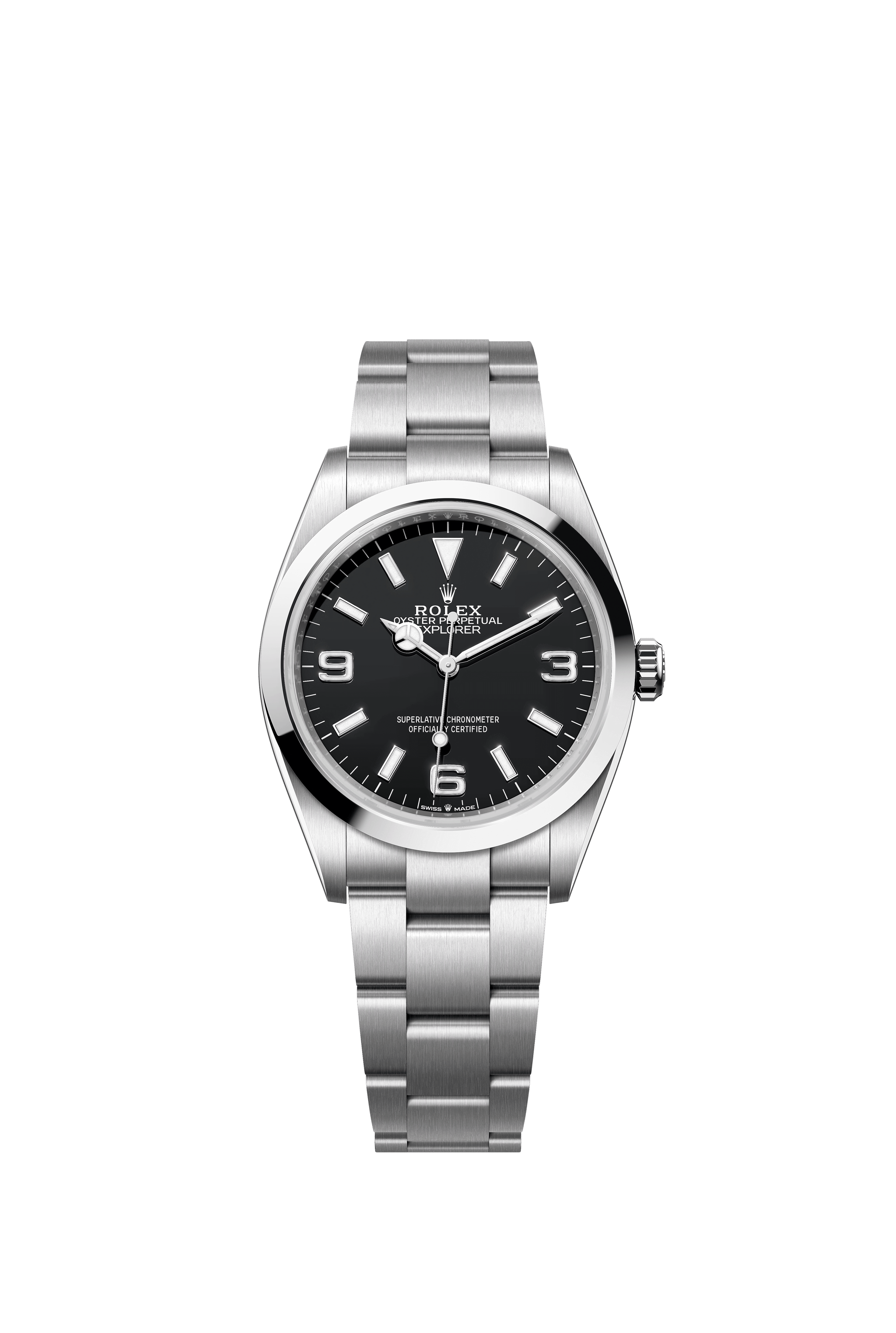 Rolex Explorer 36 reference 124270 with black 3-6-9 dial and Oystersteel bracelet.