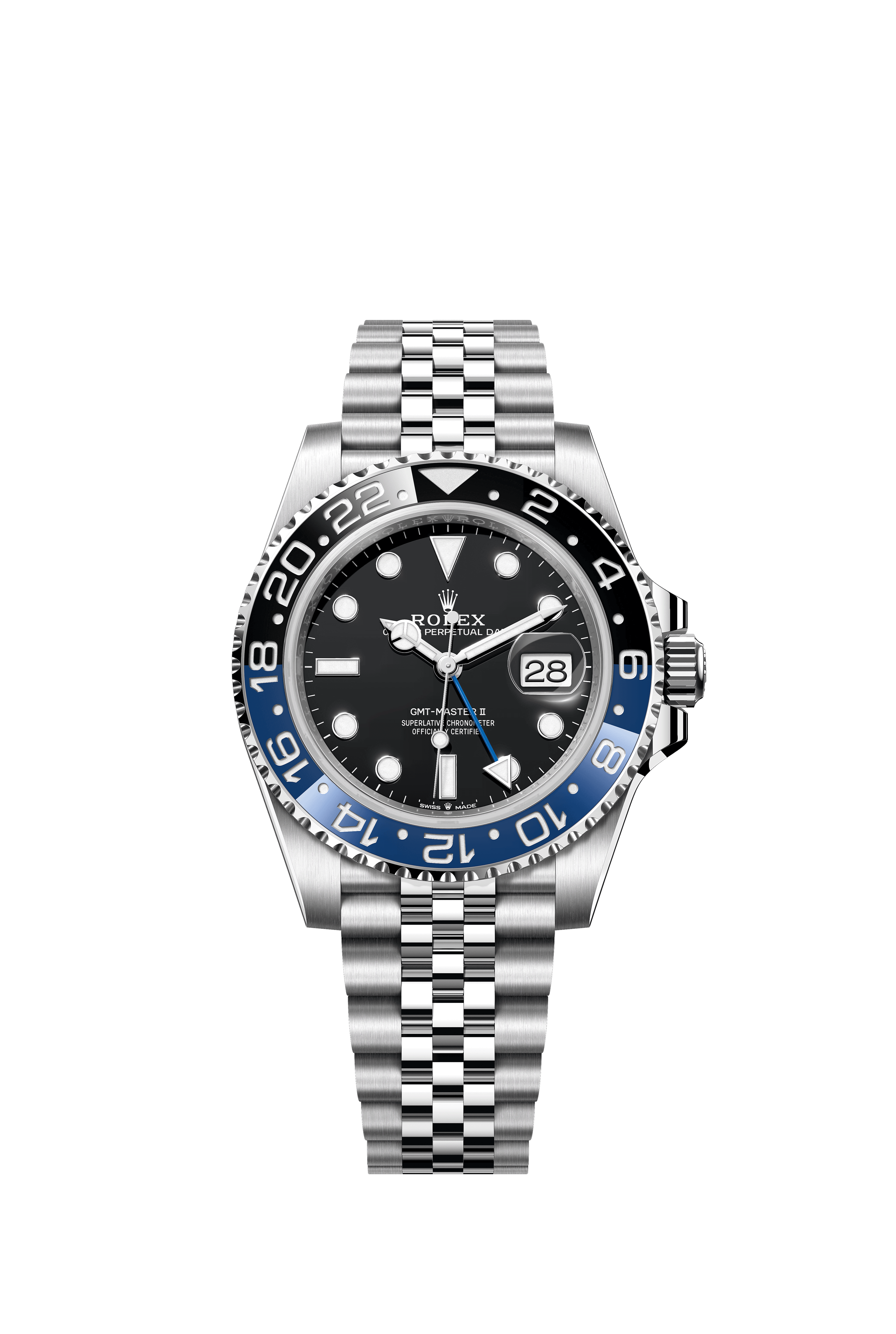 Rolex GMT-Master II reference 126710BLNR with blue-and-black Cerachrom bezel and Jubilee bracelet.