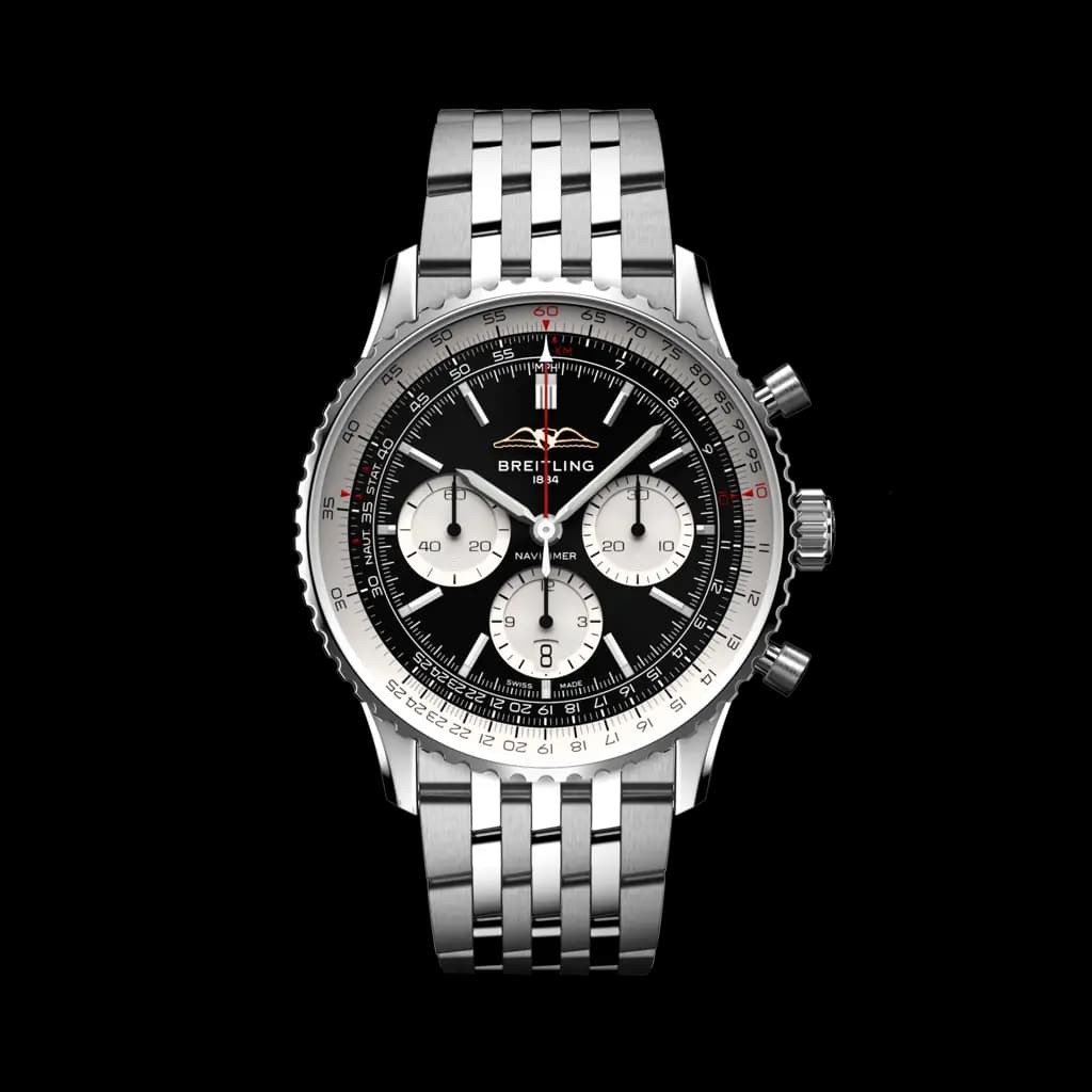 Breitling Navitimer B01 Chronograph 43 with black dial, silver sub-dials, slide-rule bezel, and steel bracelet.