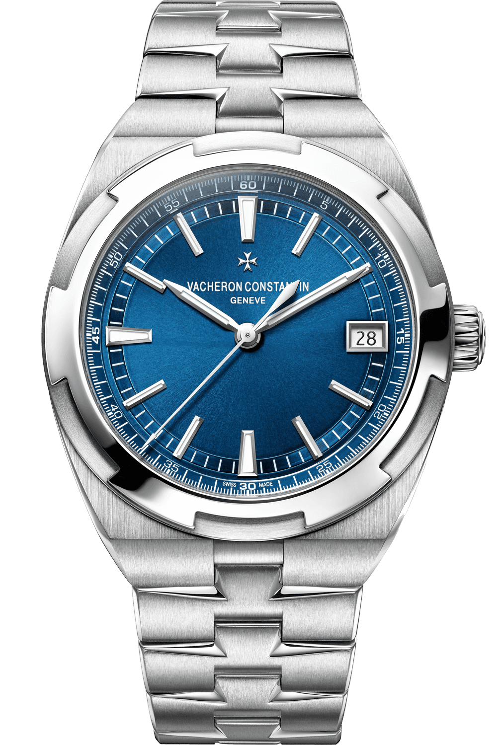 Vacheron Constantin Overseas reference 4500V/110A-B128 with blue dial and stainless-steel bracelet.