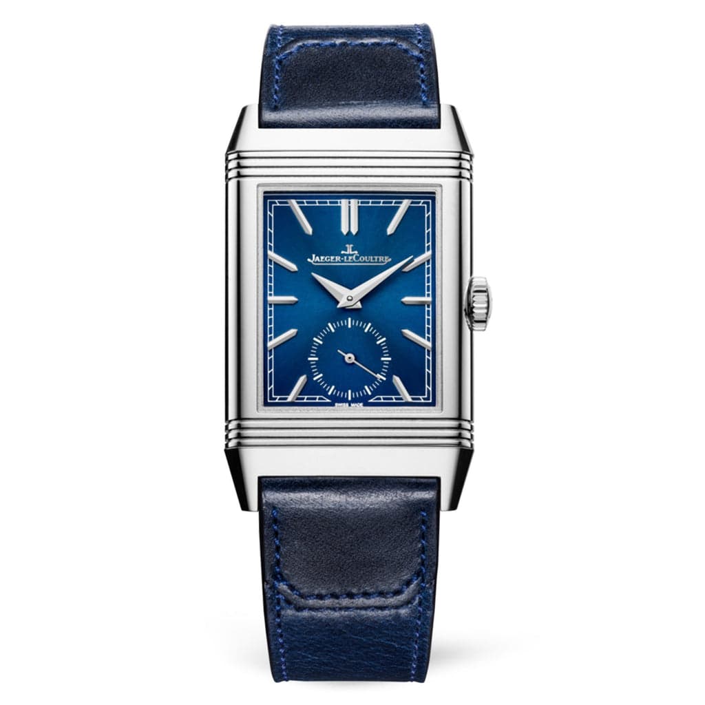 Jaeger-LeCoultre Reverso Tribute Small Seconds reference Q3978480 with blue dial and blue leather strap.