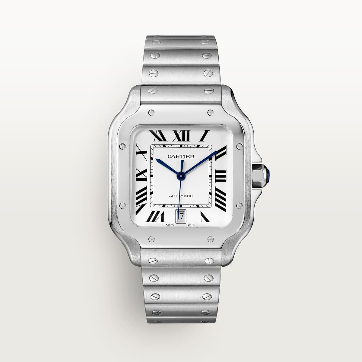 Santos de Cartier reference WSSA0018 with steel bracelet, Roman-numeral dial, and blued hands.