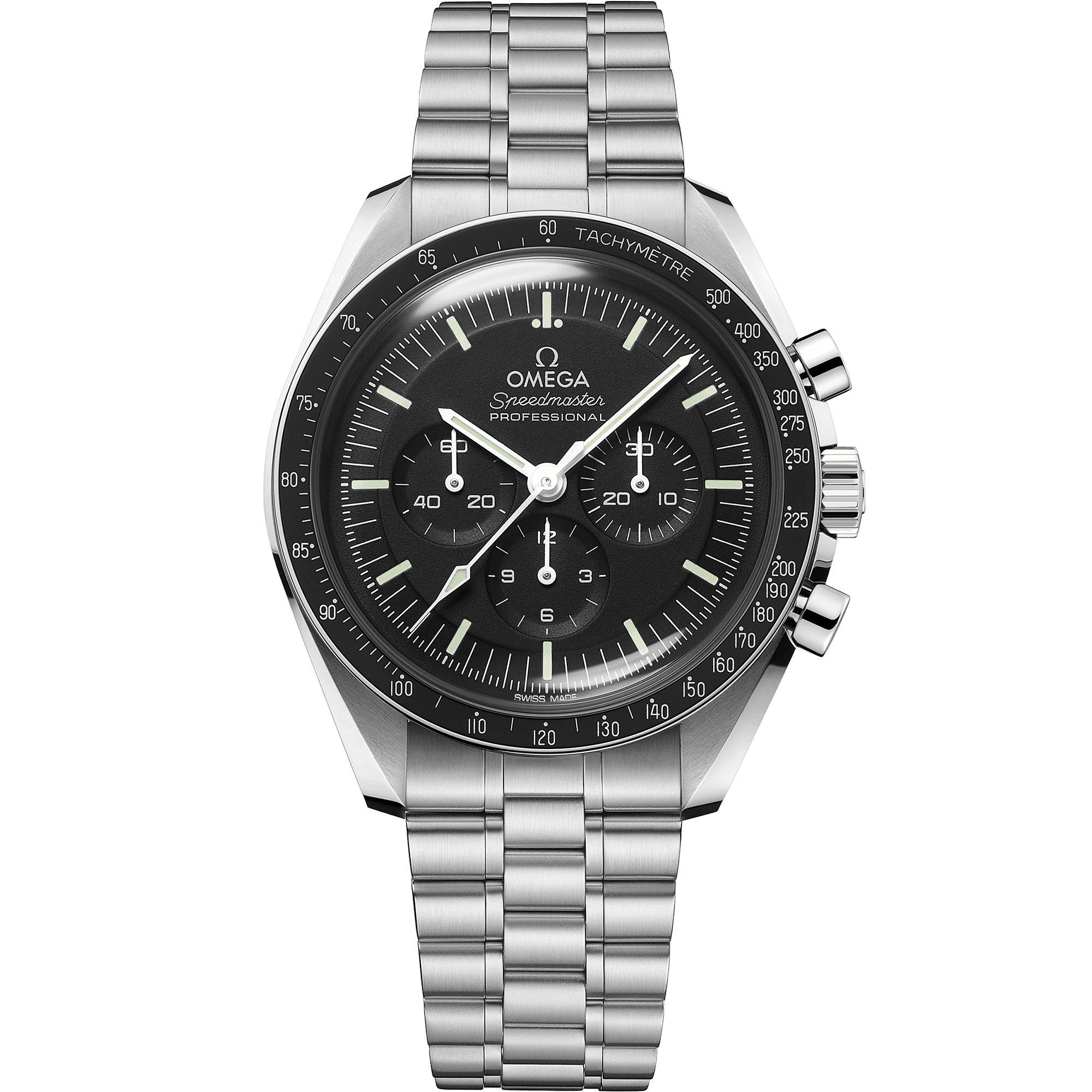 Omega Speedmaster Moonwatch Professional reference 310.30.42.50.01.001 with black dial and steel bracelet.